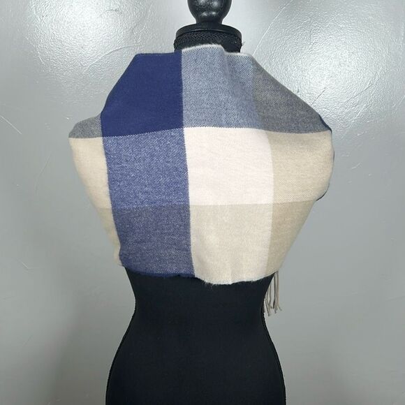 Cashmere Scarf Made in Germany Blue Cream Tan with Fringe - Picture 11 of 12